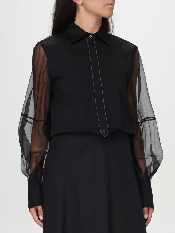 Sheer-Paneled Shirt in Black with Chain Trim - Tops