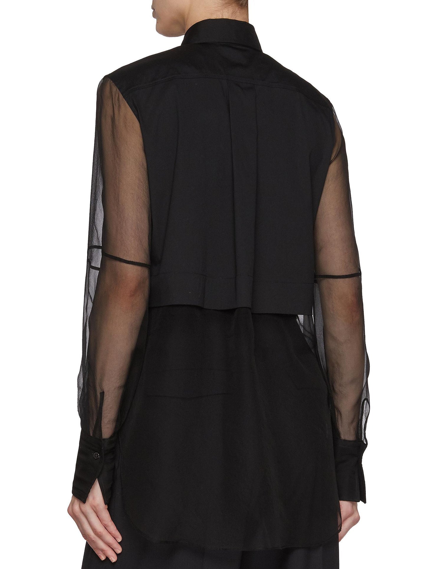 Sheer-Paneled Shirt in Black with Chain Trim - Tops