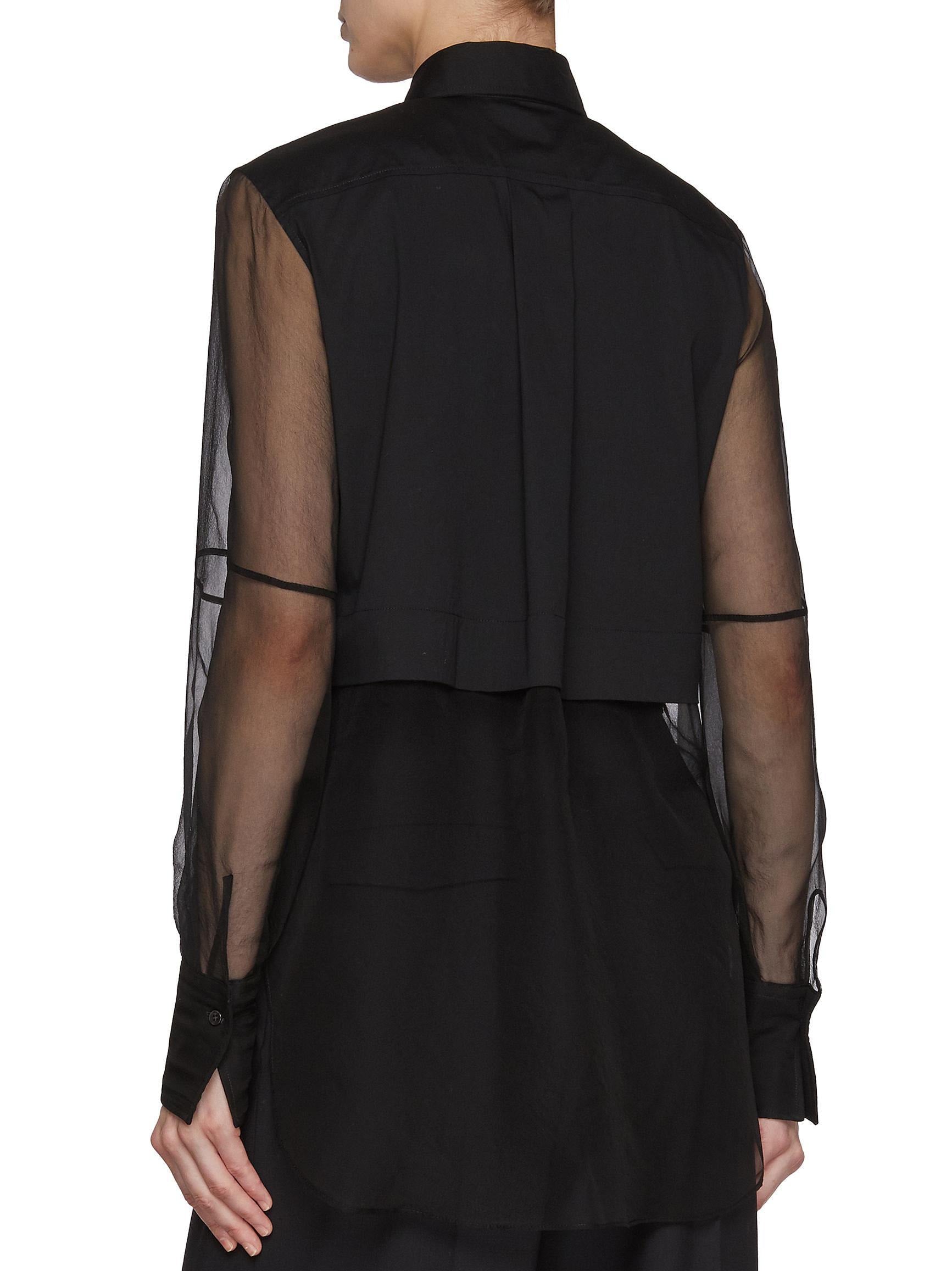 Sheer-Paneled Shirt in Black with Chain Trim - Tops
