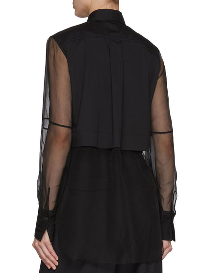 Sheer-Paneled Shirt in Black with Chain Trim - Tops