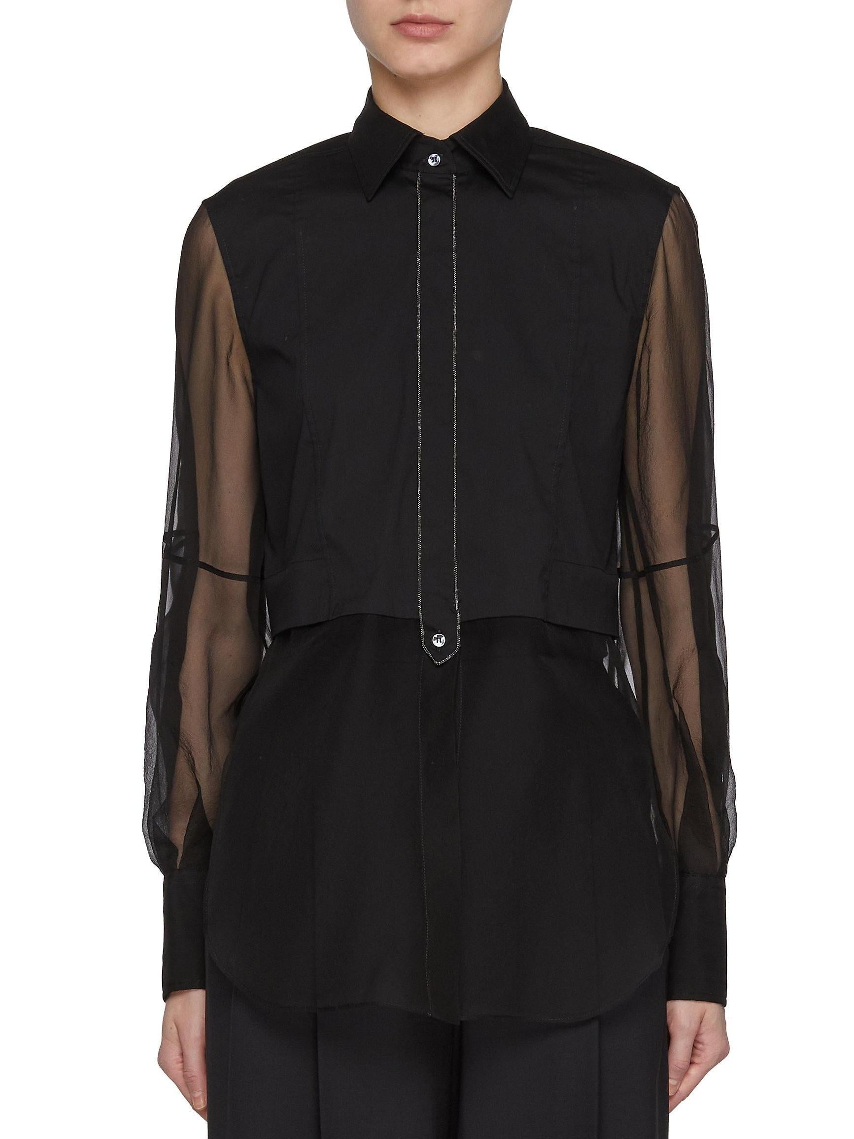Sheer-Paneled Shirt in Black with Chain Trim - Tops