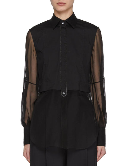 Sheer-Paneled Shirt in Black with Chain Trim - Tops