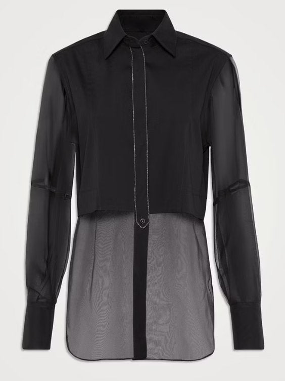 Sheer-Paneled Shirt in Black with Chain Trim - Tops