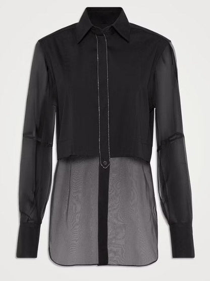 Sheer-Paneled Shirt in Black with Chain Trim - Tops