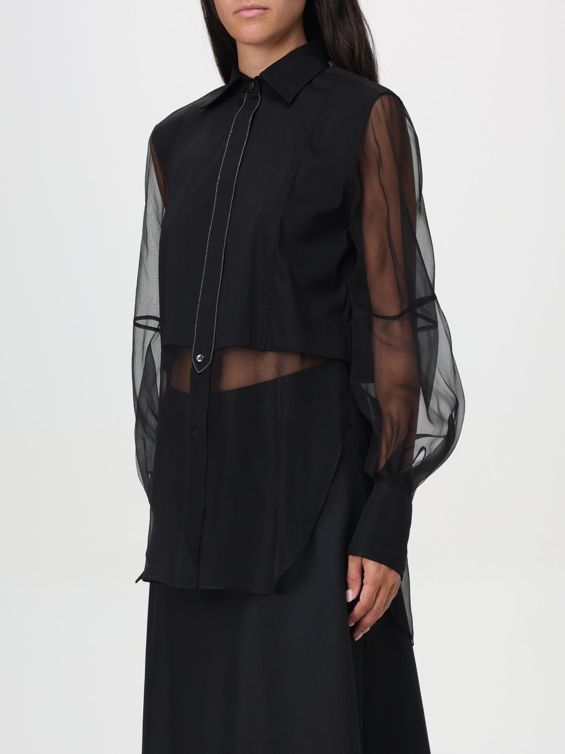 Sheer-Paneled Shirt in Black with Chain Trim - Tops