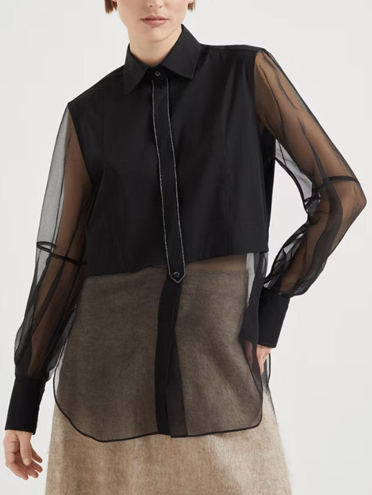 Sheer-Paneled Shirt in Black with Chain Trim - Tops