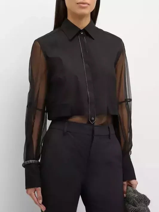 Sheer-Paneled Shirt in Black with Chain Trim - Tops