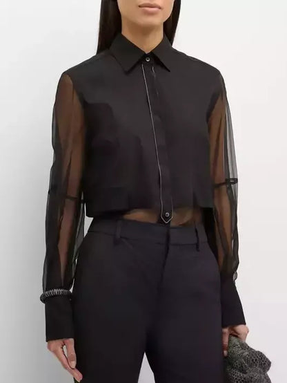 Sheer-Paneled Shirt in Black with Chain Trim - Tops