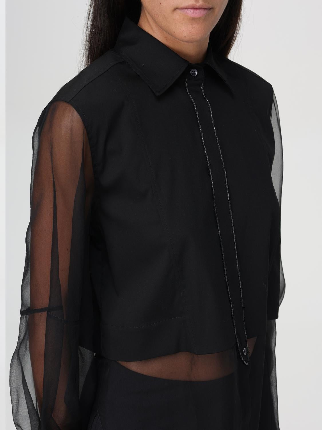 Sheer-Paneled Shirt in Black with Chain Trim - Tops