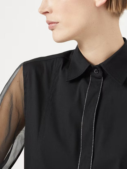 Sheer-Paneled Shirt in Black with Chain Trim - Tops