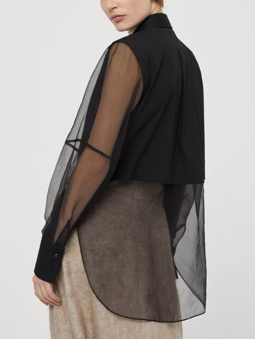 Sheer-Paneled Shirt in Black with Chain Trim - Tops
