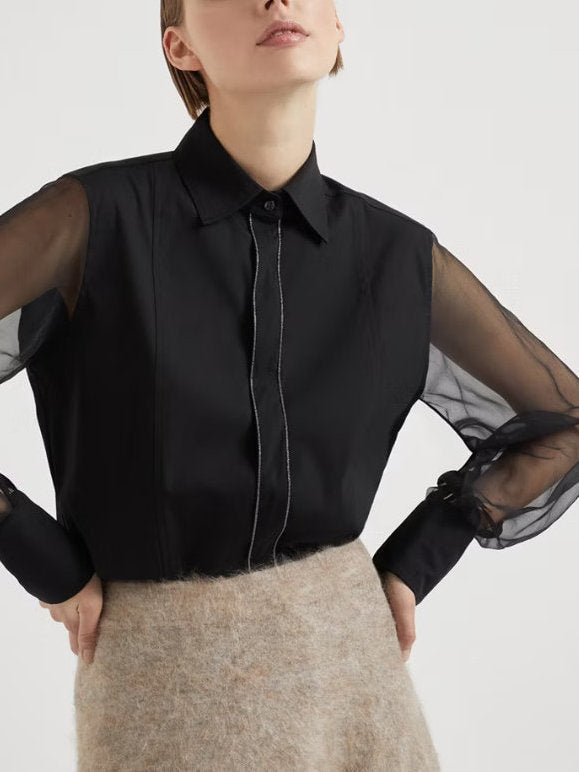 Sheer-Paneled Shirt in Black with Chain Trim - Tops