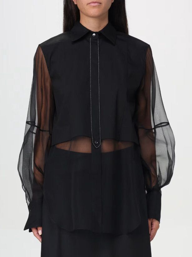 Sheer-Paneled Shirt in Black with Chain Trim - S - Tops