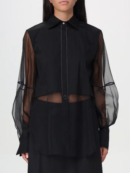 Sheer-Paneled Shirt in Black with Chain Trim - S - Tops