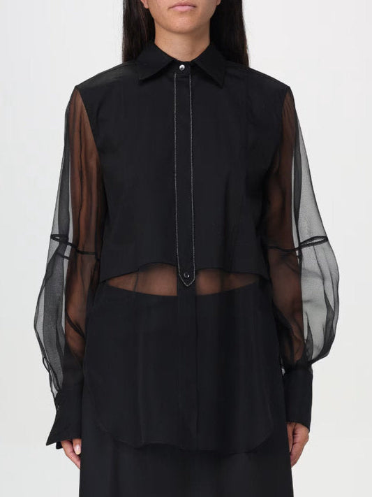 Sheer-Paneled Shirt in Black with Chain Trim - S - Tops
