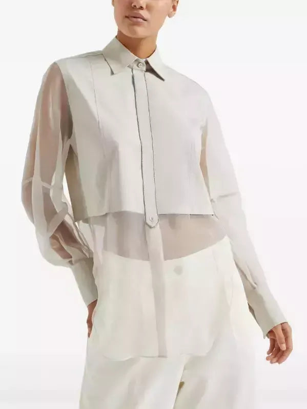 Sheer-Paneled Shirt in Light Beige with Chain Trim - Tops