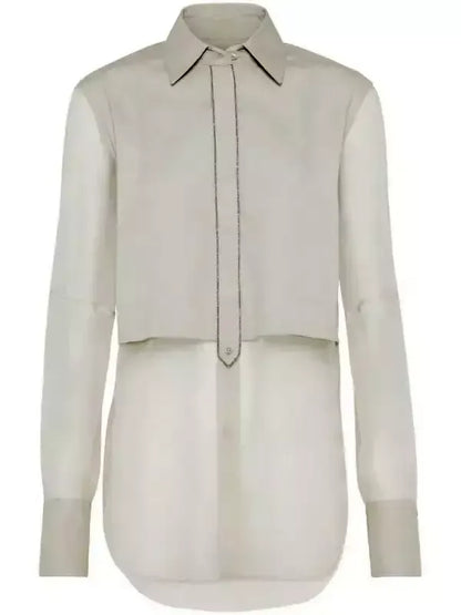 Sheer-Paneled Shirt in Light Beige with Chain Trim - Tops