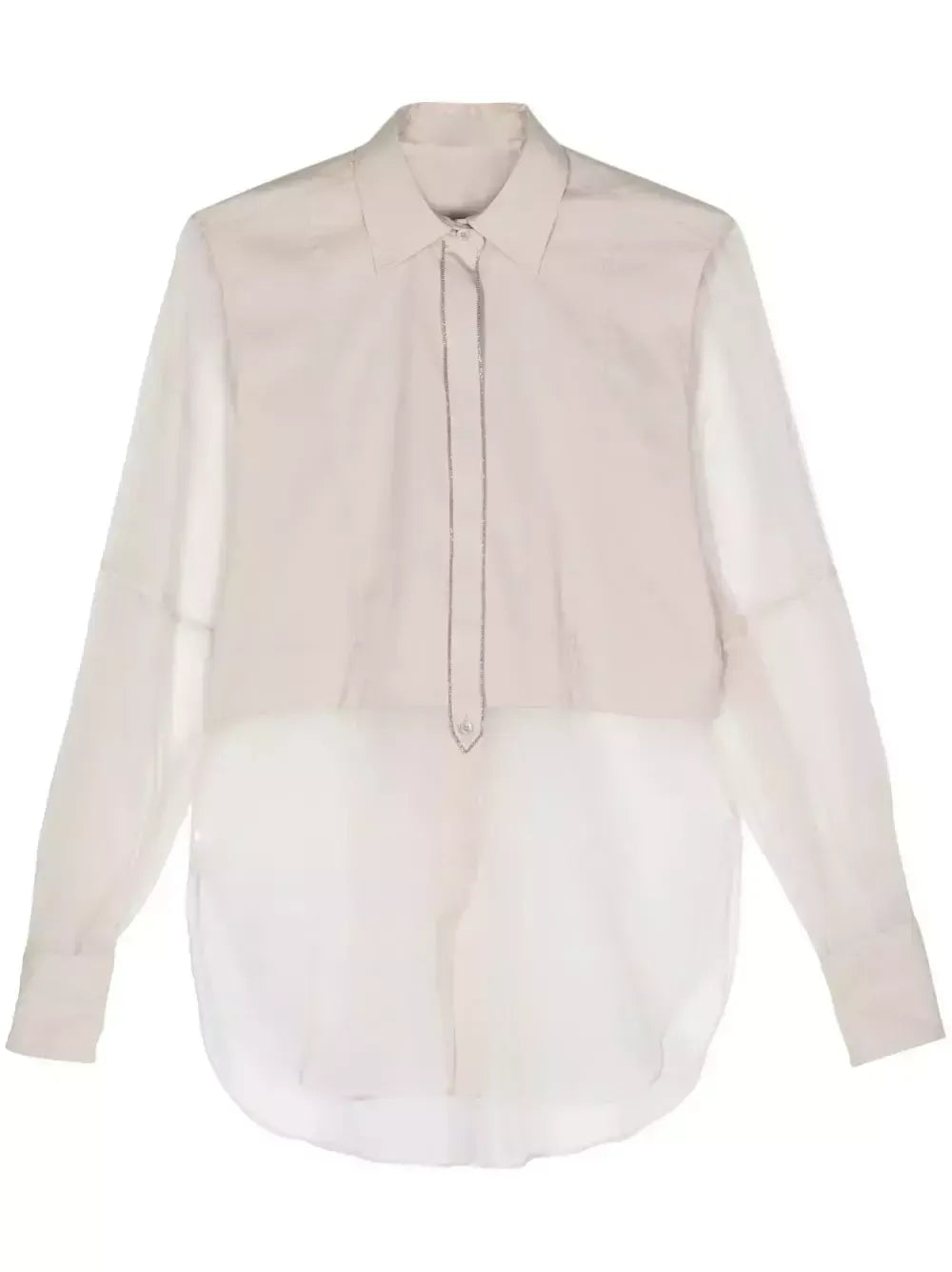 Sheer-Paneled Shirt in Light Beige with Chain Trim - Tops