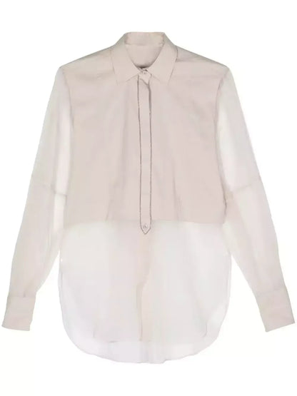 Sheer-Paneled Shirt in Light Beige with Chain Trim - Tops