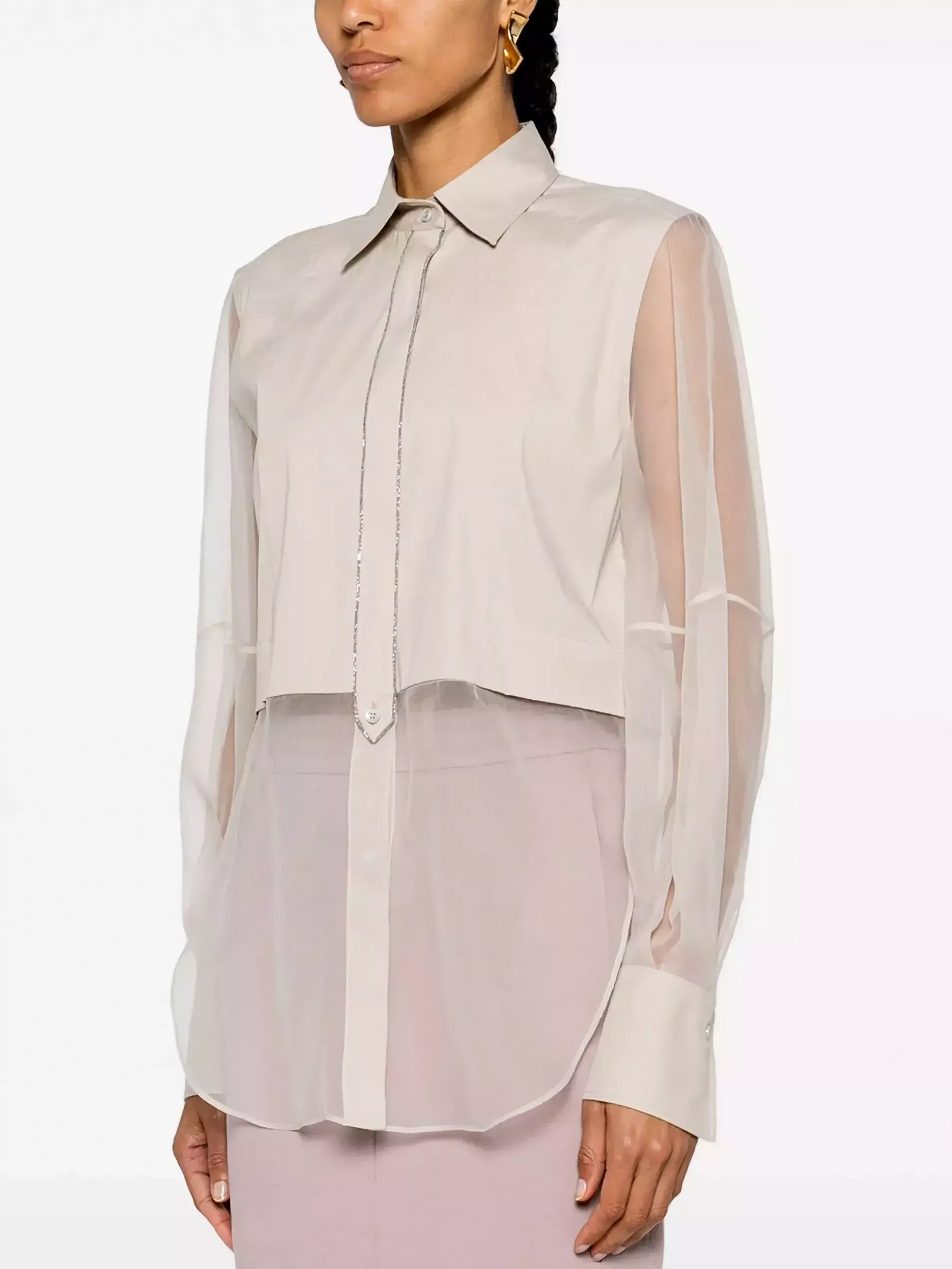 Sheer-Paneled Shirt in Light Beige with Chain Trim - Tops