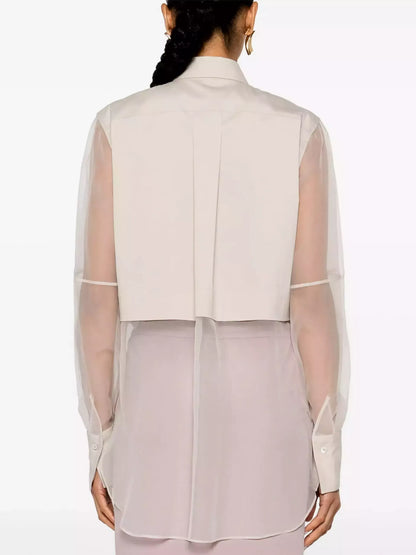 Sheer-Paneled Shirt in Light Beige with Chain Trim - Tops