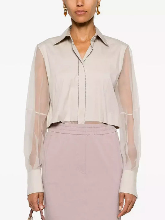 Sheer-Paneled Shirt in Light Beige with Chain Trim - S - Tops