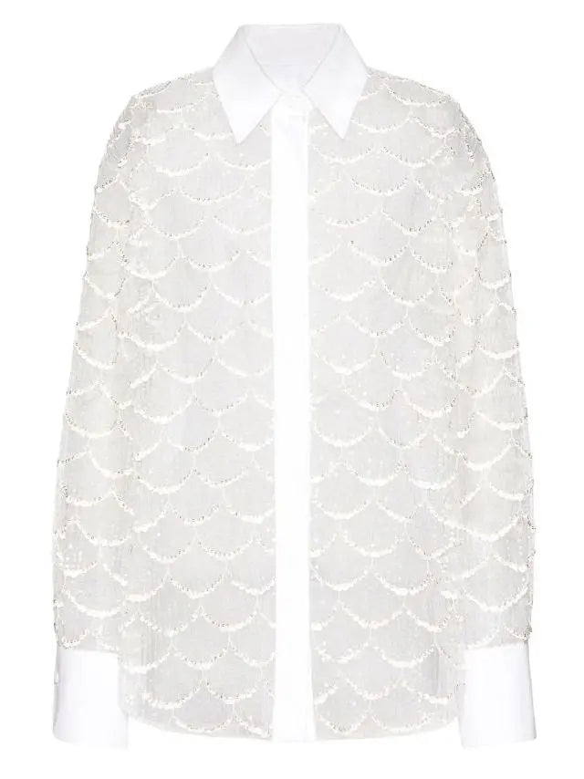 Sheer Sequin-Embellished Shirt in White - Tops