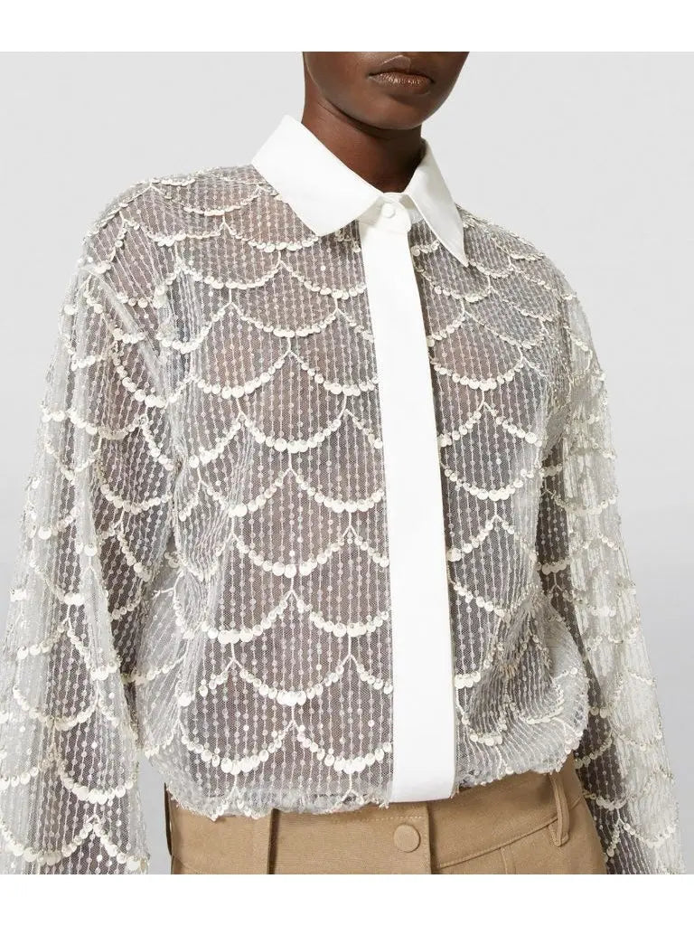 Sheer Sequin-Embellished Shirt in White - Tops