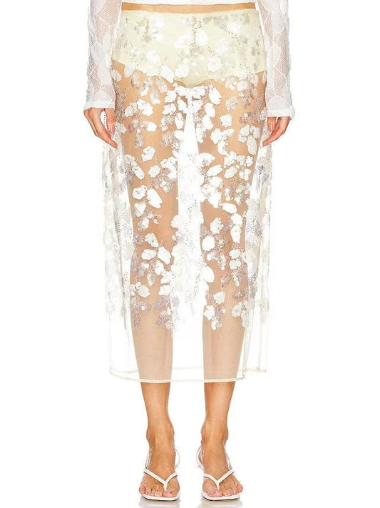 Sheer White Mesh Sequin Midi Skirt - S - Skirts