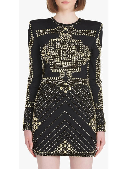 Short Black Dress with Embroidered Gold-Tone Studs - Dresses