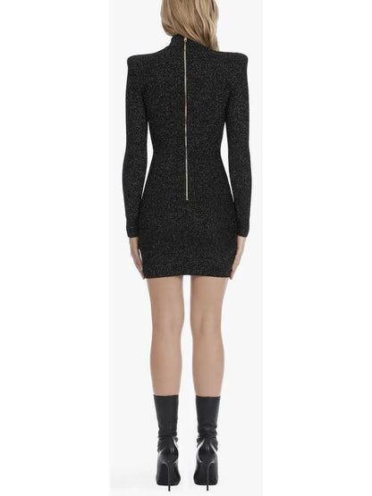 Short Black Knit and Lurex Dress - Dresses