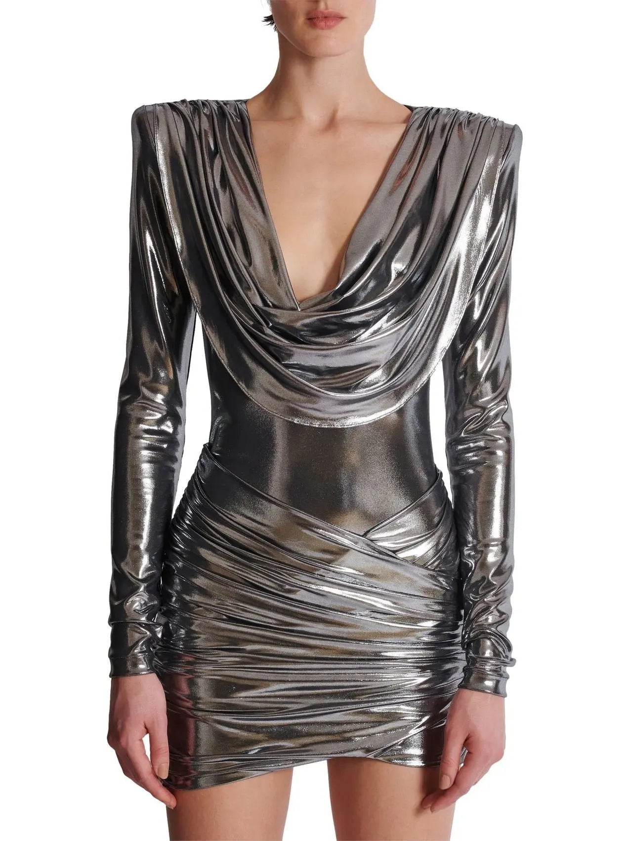 Short Metallic Draped Dress - Dresses