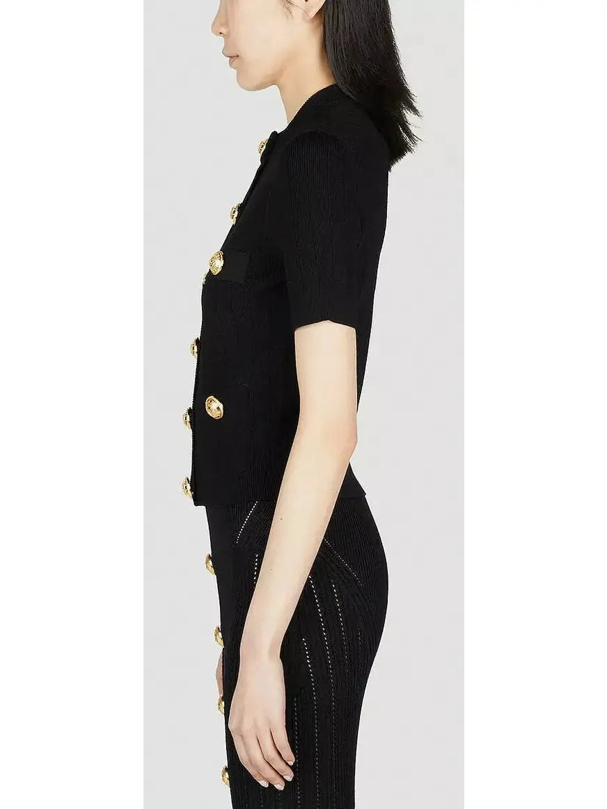 Short-Sleeve Cropped Knit Cardigan in Black - Sweaters & Knitwear