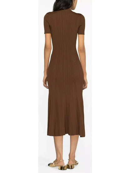 Short-Sleeve Knit Midi Dress Brown - Dresses