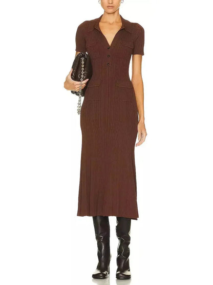 Short-Sleeve Knit Midi Dress Brown - Dresses