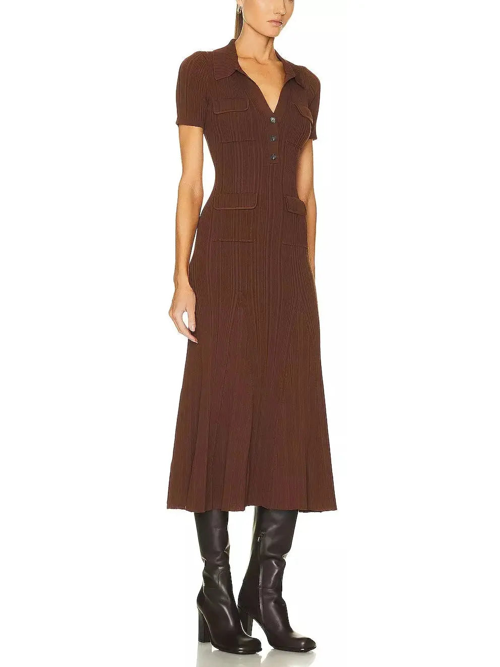 Short-Sleeve Knit Midi Dress Brown - Dresses