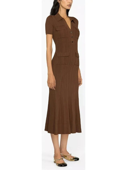 Short-Sleeve Knit Midi Dress Brown - Dresses