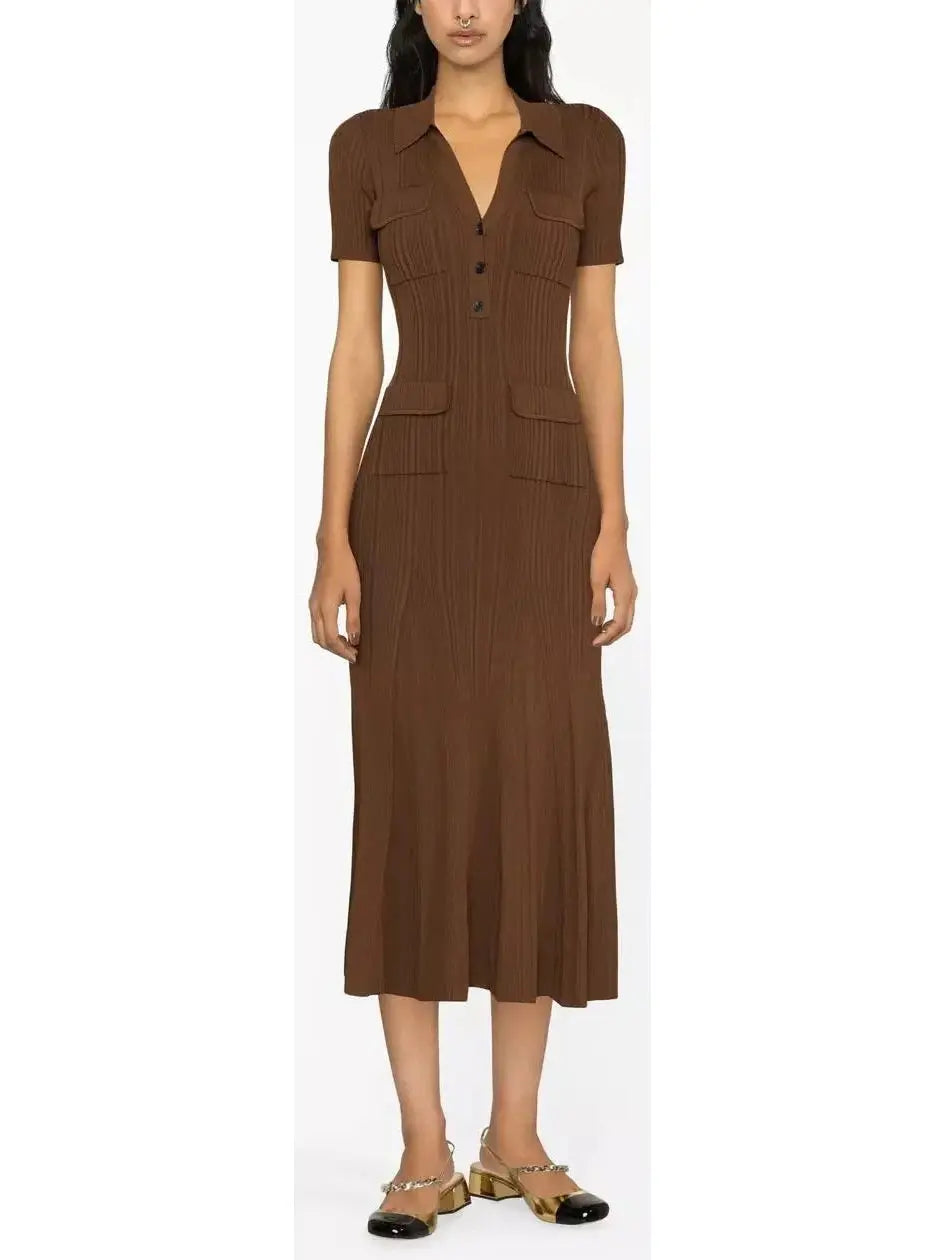 Short-Sleeve Knit Midi Dress Brown - Dresses