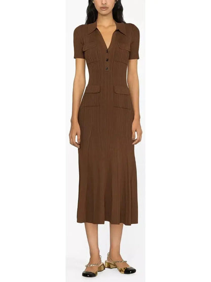 Short-Sleeve Knit Midi Dress Brown - Dresses