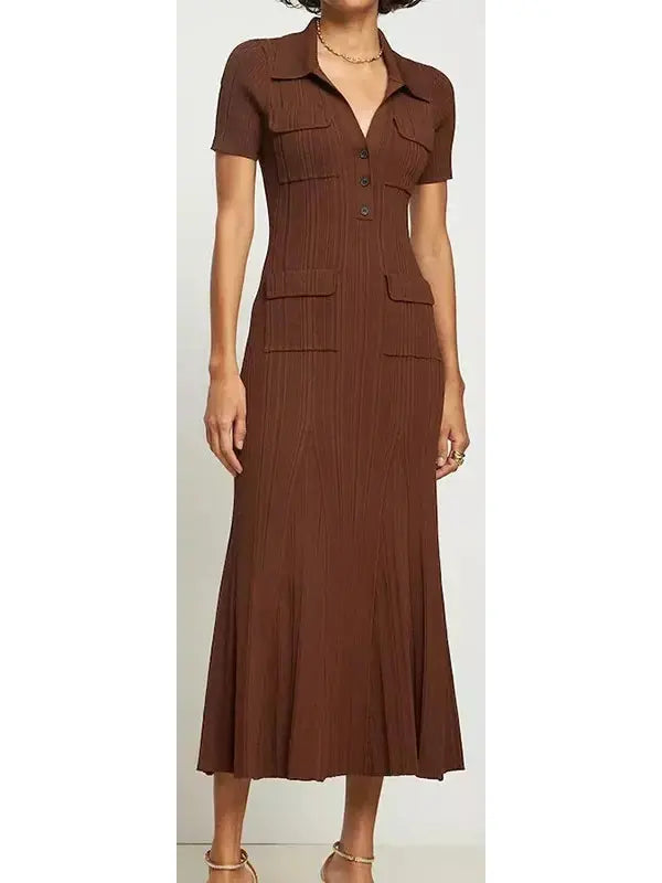 Short-Sleeve Knit Midi Dress Brown - Dresses