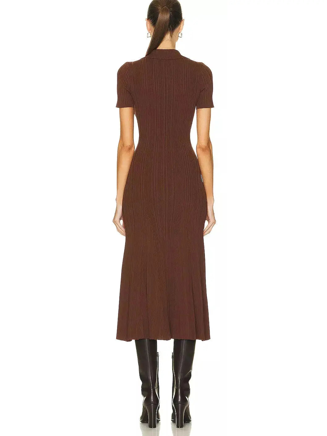 Short-Sleeve Knit Midi Dress Brown - Dresses