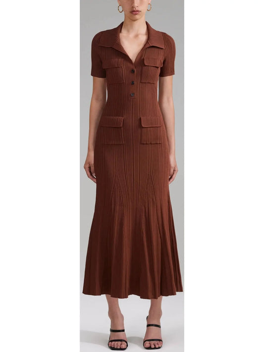 Short-Sleeve Knit Midi Dress Brown - small - Dresses