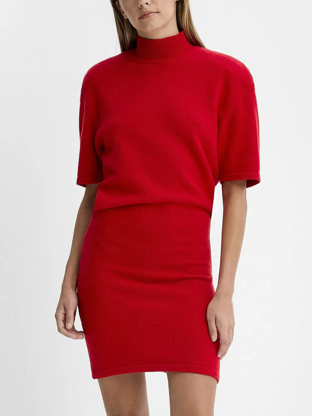 Short-Sleeve Wool Knit Mini Dress with Mock Neck - Small / Red - Dresses