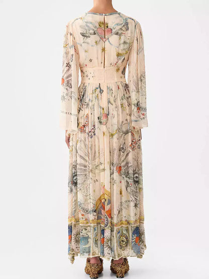 Silk Astrology-Print V-Neck Maxi Dress - Dresses