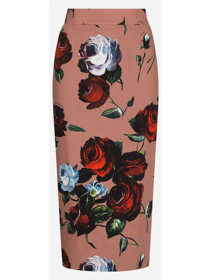 Silk Charmeuse Calf-Length Skirt with Vintage Rose Print - s - Skirts