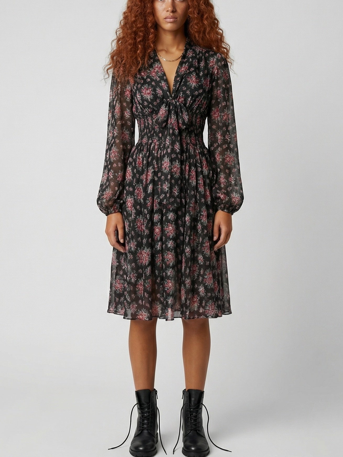 Silk Floral Tie-Neck Smocked Waist Midi Dress - Dresses