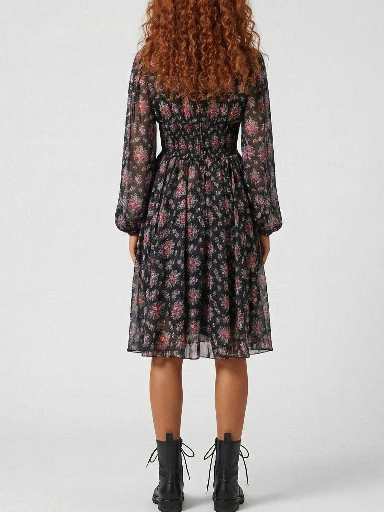 Silk Floral Tie-Neck Smocked Waist Midi Dress - Dresses