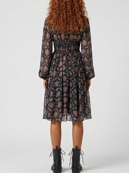 Silk Floral Tie-Neck Smocked Waist Midi Dress - Dresses