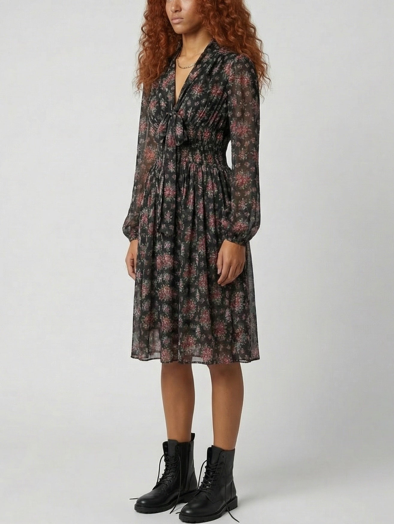 Silk Floral Tie-Neck Smocked Waist Midi Dress - Dresses