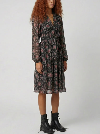 Silk Floral Tie-Neck Smocked Waist Midi Dress - Dresses